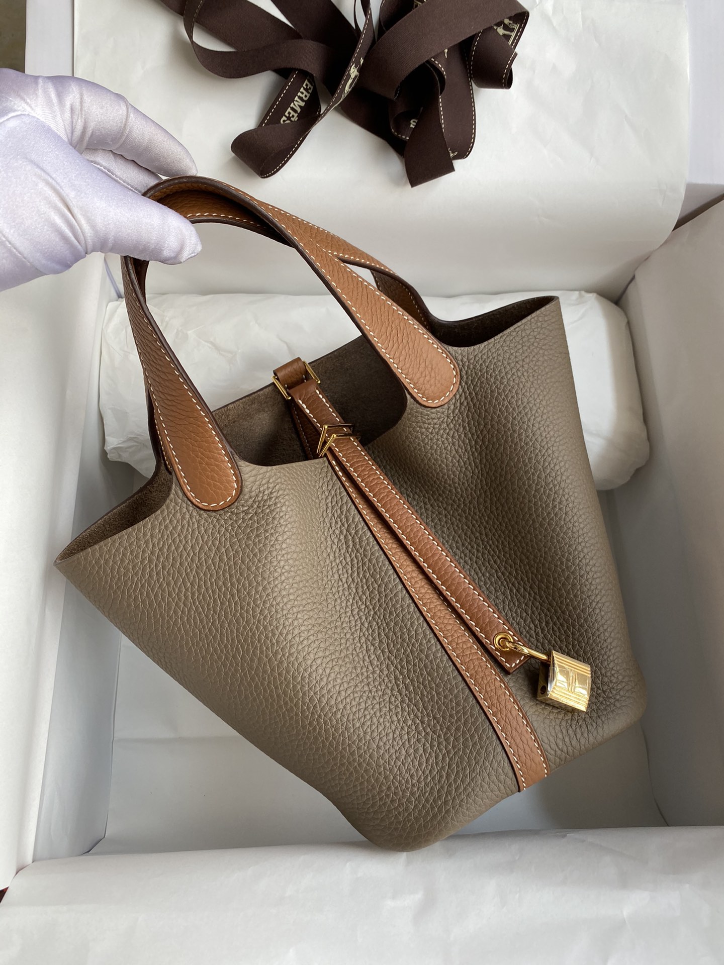 Hermes Picotin Lock 18 Bag In Grey/Brown Clemence Leather